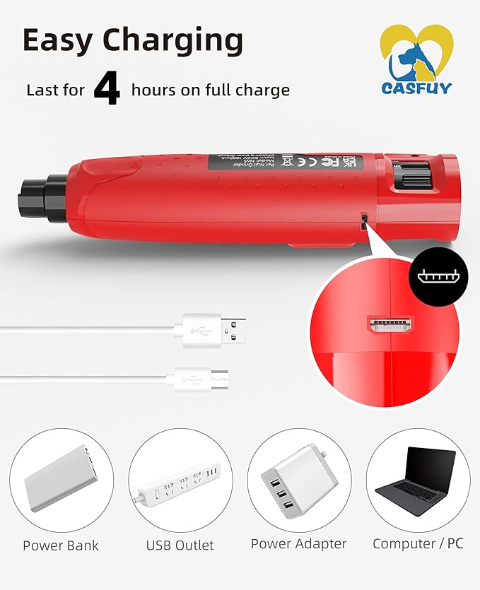 Casfuy Dog Nail Grinder Quiet - (45db) 6-Speed Pet Nail Grinder with 2 LED Lights for Large Medium Small Dogs/Cats, Professional 3 Ports Rechargeable Electric Dog Nail Trimmer with Dust Cap(Red)-PawvioPets