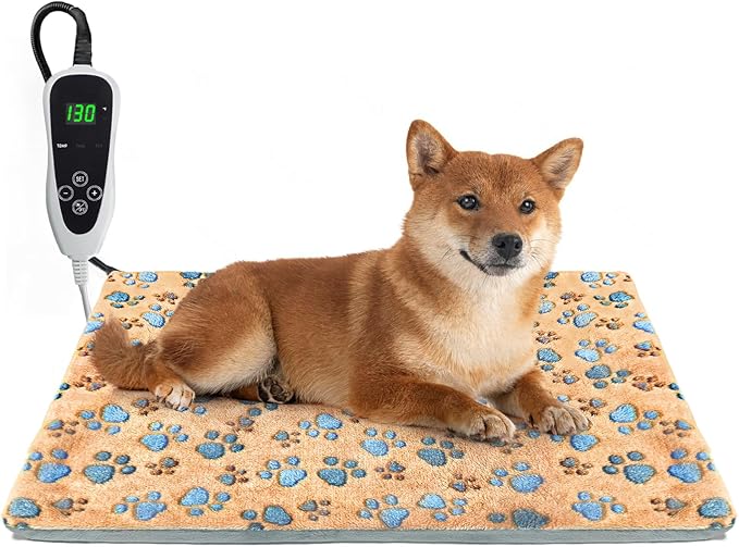 Dog Heating Pad,28×18 in Waterproof PVC Pet Heating Pad, Adjustable Thermostat+Constant On Function, Metal Protective Tube Comes with a Plush Cotton Sleeve，Whelping Box-Apricot-PawvioPets