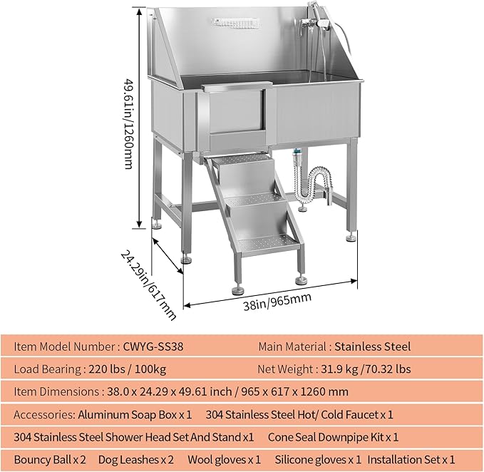 Dog Washing Station 38'' Stainless Steel Pet Grooming Tub for Large Dogs Over-Size Professional Dog Grooming Bathtub Station Wash Shower Sink Pet Grooming Bathtub Station,Left Door-PawvioPets