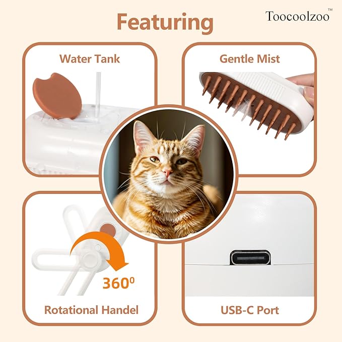 3-in-1 Cat Steam Brush, Rechargeable Cat Brush with Steam, Spritz Defur Comb for Dogs, Spritz Defur Comb for Cats (White)-PawvioPets