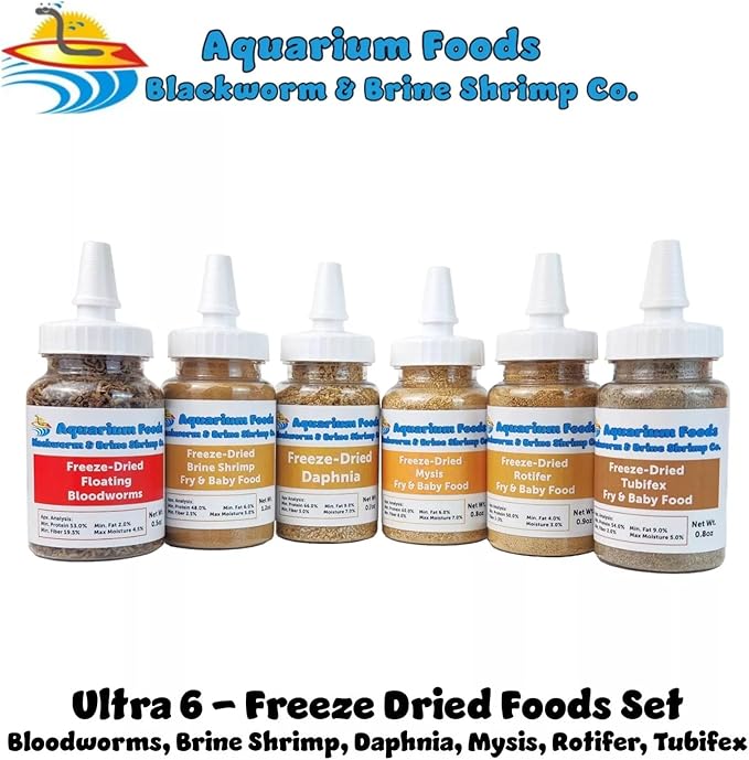 Aquatic Foods Inc. 6-Pack of Bloodworms, Brine Shrimp, Daphnia, Mysis Shrimp, Rotifers, Tubifex Powder & Bits for Freshwater Fish, Marines, Corals, Anemones, Baby Pond Fish…6 x SM Squeeze Bottles-PawvioPets