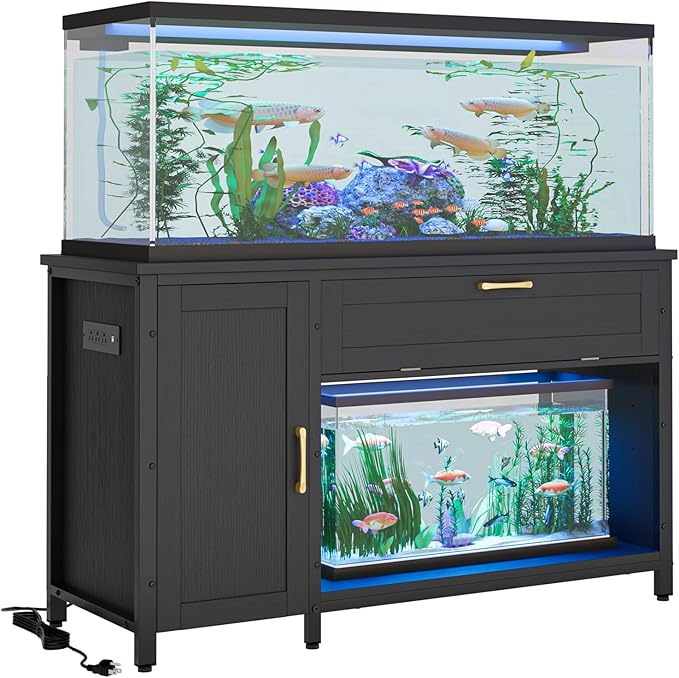 Bestier 55-75 Gallon Fish Tank Stand with Power Outlet&LED Light, 49x19 Heavy-Duty Metal Aquarium Stand with Cabinet&Drawer for Accessories Storage, Suit for Reptile/Turtle Terrarium, 726Lbs Capacity-PawvioPets