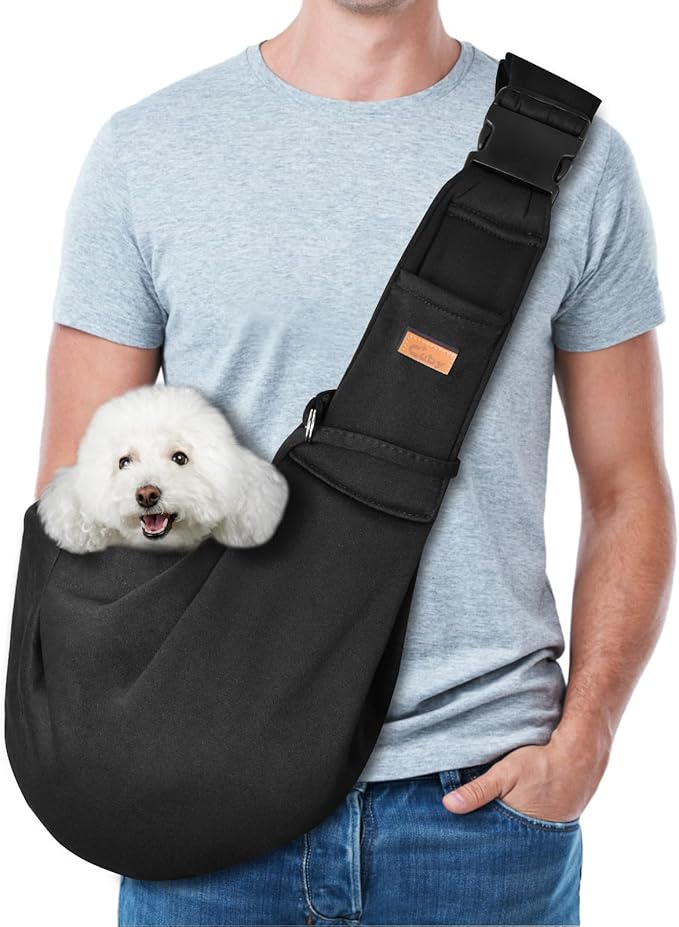 CUBY Dog and Cat Sling Carrier, Hand-Free Dog Carrier Slings with Adjustable Straps Pocker, Puppy Slings Carrier for Small Dogs Cats Outdoor Travel Bag(Black, M-Adjustable Strap)-PawvioPets