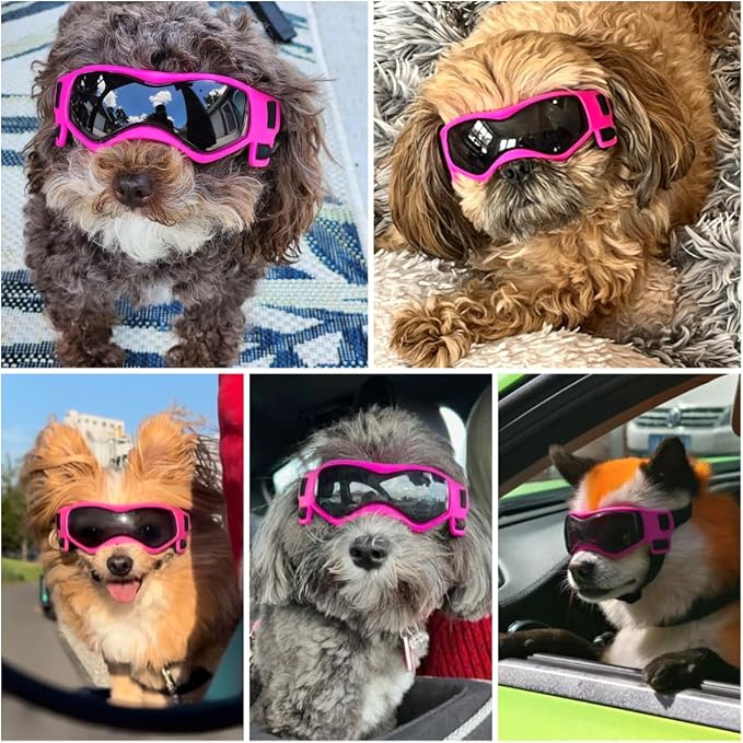 Dog Goggles Dog Sunglasses for Small Breed UV Protection Windproof with Adjustable Head Straps Chin Straps for Ride Car/Hiking Travel/On Beach-Pink-PawvioPets