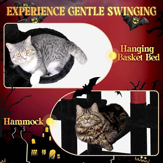 Globlazer Gothic Corner Cat Tree Tower with Scratching Post for Indoor Cats, 51inch Goth Cat Condo Tower with Large Hammock, Fan-Shaped Padded Perch, Spacious Cat Cave, Hanging Basket, C51, Red Black-PawvioPets