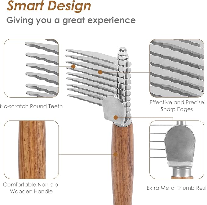 Dog Dematting Comb with Wooden Handle & Detangling Brush - Stainless Steel Undercoat Rake for Long & Thick Haired Dogs & Cats, Professional Grooming Tool for Deshedding and Matted Fur Removal-PawvioPets