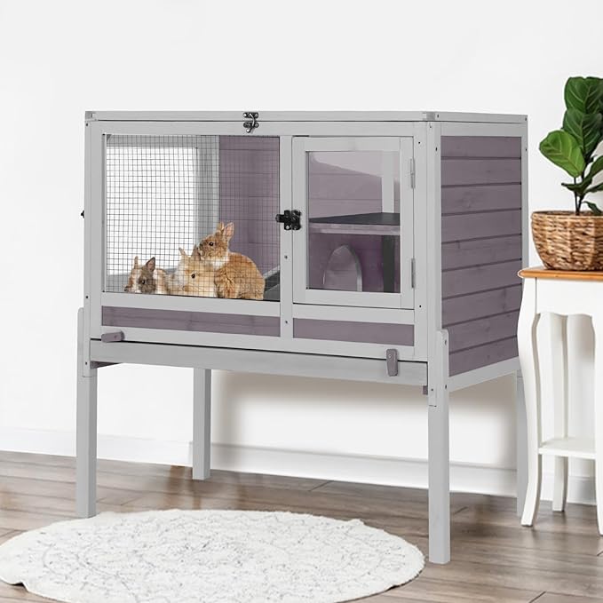 Aivituvin Rabbit Hutch with Stand Wooden Bunny Cage Indoor 2 Story Guinea Pig House with Anti Chew Ramp, No Leak Tray, Hideout, Wire Mesh (Gray)-PawvioPets
