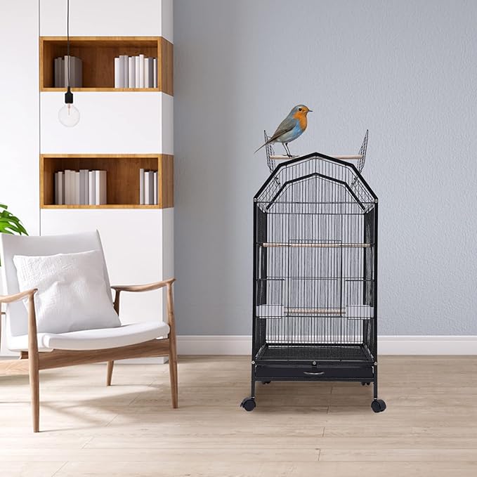 40-Inch Wrought Iron Bird Cage with Open-Top and Rolling Stand, Movable Parrot Cage Pet Bird Flight Cage, 360 Degree View Spacious Interactive Roof Pet Bird House for Medium&Small Birds-PawvioPets