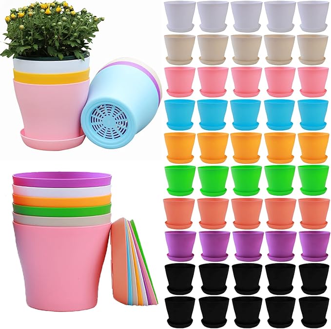 50 Pack 4 Inch Plant Pots Bulk Small Plastic Planters Pots with Drainage Holes Flower Pot for Succulent, Cactus, Herb, African Violet (50pcs-Multicolor, 4Inches)-PawvioPets