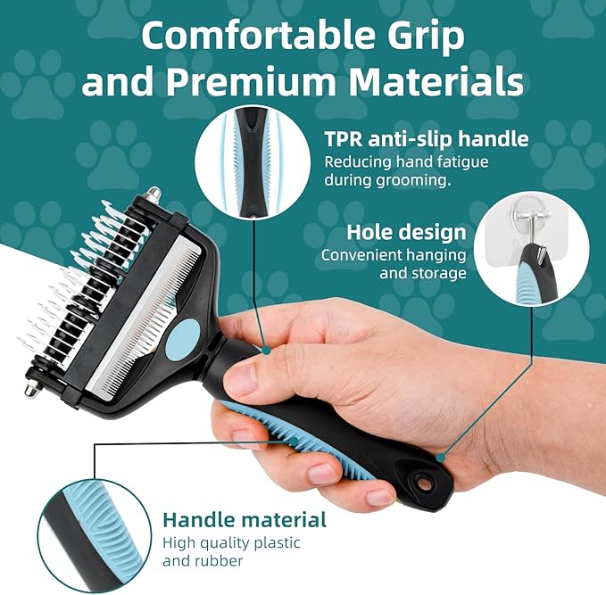 3-IN-1 Pet Grooming Tool - Undercoat Rake, Dematting Comb & Deshedding Brush for Cats & Dogs - Removes Mats, Tangles & Loose Fur, Reduces Shedding & Prevents Hair Mess (Blue)-PawvioPets