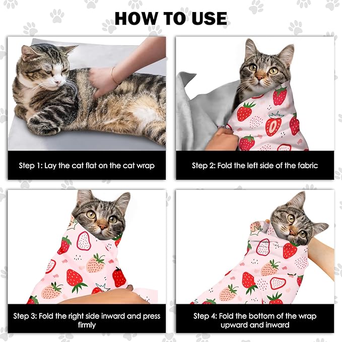 27.6" Cat Grooming Wrap, Self Adhesive Cat Wrap for Cutting Nails, Anti-Escape Calming Cat Swaddle Wrap for Medicine Ear Cleaning, Strawberry Anti-Scratch Cats Burrito Restraint Blanket, Pet Tool-PawvioPets