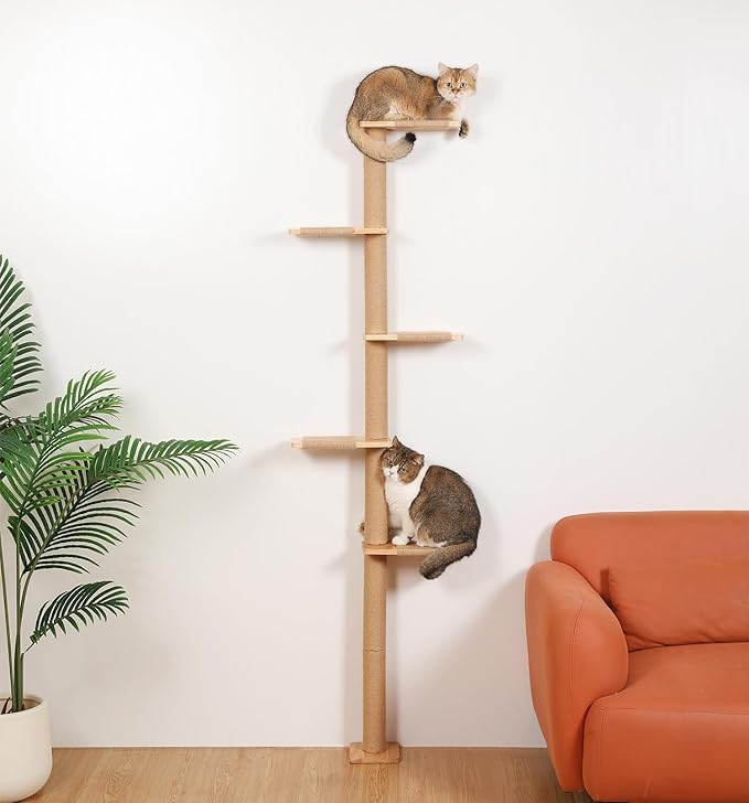 5 Tier Floor to Ceiling Cat Tree Tower with Wall-Mounted Scratching Post, Playful Wall Climbing Shelves for Cats, Ideal for Kittens to Climb, Scratch, and Lookout, Wild Simulation Design-PawvioPets