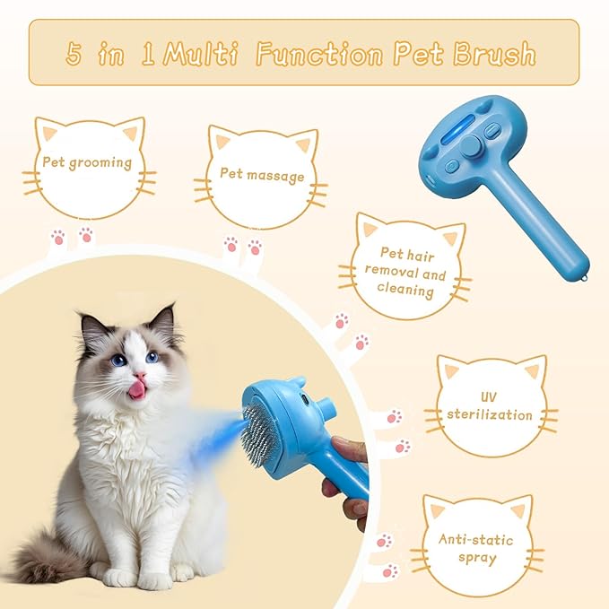 5-in-1 Pet Steam Brush for Cats & Dogs – Grooming, Shedding, Massage & One-Touch Clean for Short & Long Hair Pets – Electric Cat Brush with Comb & Steam (Blue)-PawvioPets