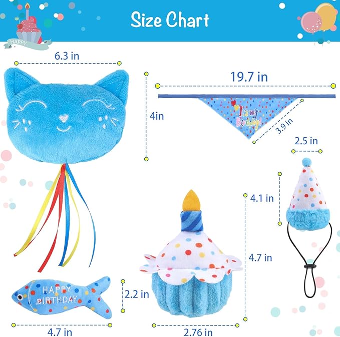 BINGPET Cat Birthday Catnip Toys for Indoor Cats,Cat Birthday Hat,Bandana and Cat Birthday Cake Interactive Plush Kitten Chew Toys,Cute Fish,Balloon Toys with Crinkle Paper and Catnip Inside(Sky Blue)-PawvioPets