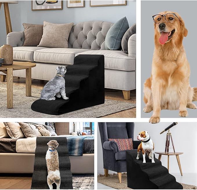 Dog Stairs&Steps for High Beds Up to 28'', 5-Step Dog Ramp for Small Medium Dogs with Washable Cover, Pet Steps for Cats to Get on Couch and Sofa, Durable Foam Ladders, 24.4" Tall, Black-PawvioPets