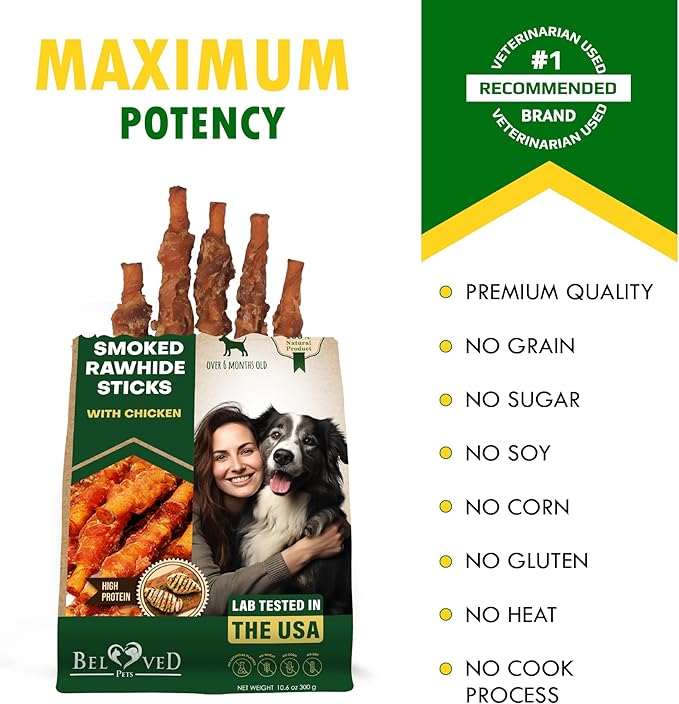 Dog Treats Rawhide Sticks Wrapped with Chicken 11 oz Pet Natural Chew Treats - Grain Free Meat & Human Grade Dried Snacks - Best for Small & Large Dogs (10.6 Ounce (Pack of 1), Smoked Chicken)-PawvioPets