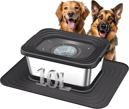 Decflow 10L Stainless Steel Dog Water Bowl, No Spill Anti-Splash Dog Bowls with XXL Silicone Mat, Spill-Proof Slow Feeder for Messy Drinkers, Heavy Duty Pet Bowls for Indoor/Outdoor Use Black-PawvioPets
