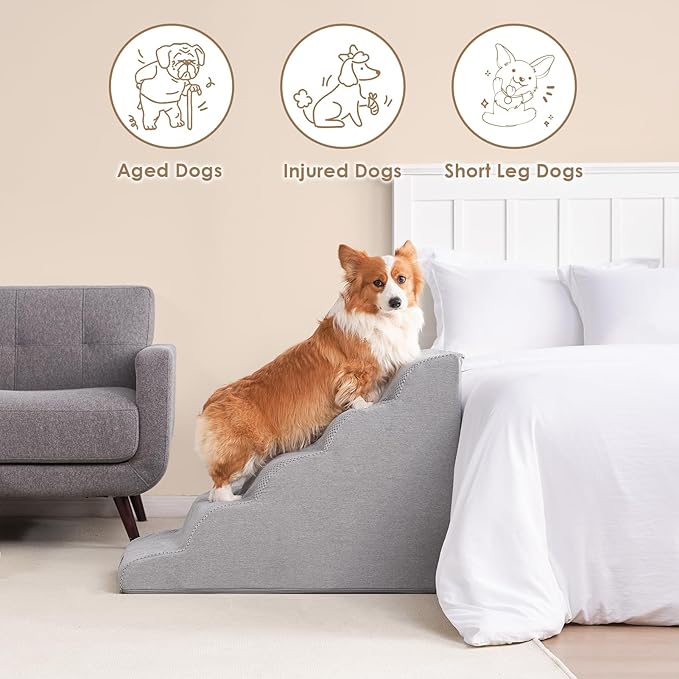 EHEYCIGA Curved Dog Stairs Ramp for High Beds, 5-Step Extra Wide Dog Steps for Small Dogs and Cats, Pet Stairs for High Bed Climbing, Non-Slip Balanced Pet Step Indoor, Light Grey-PawvioPets