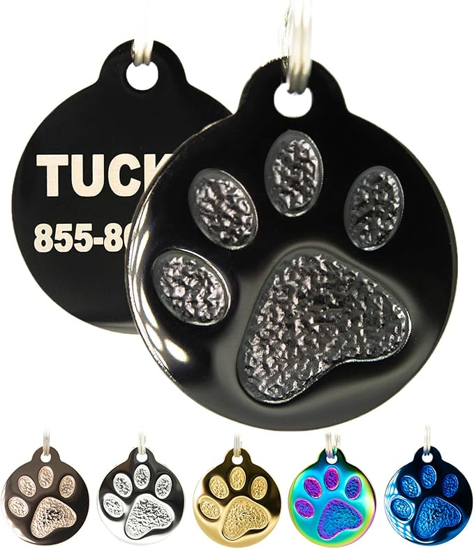 Engraved Pet Tag for Dogs and Cats - Personalized Front & Back up to 4 Lines of Text Custom Engraved ID, Round Paw Print Solid Plating Stainless Steel Black Regular-PawvioPets