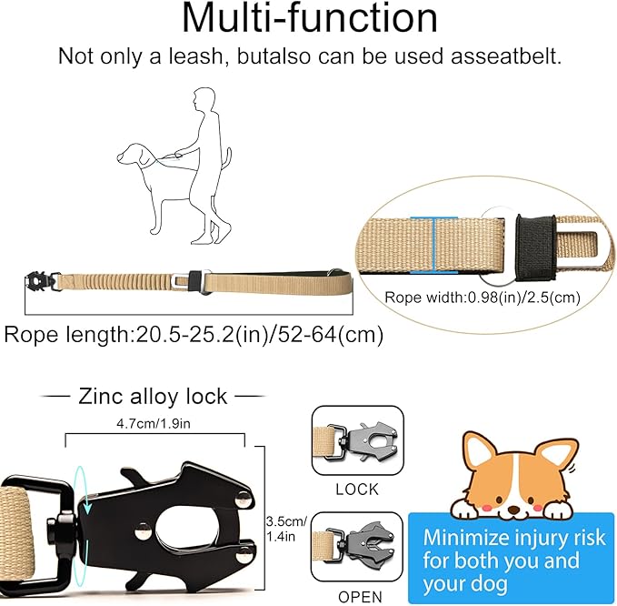 20” Strong Short Leash for Dog, Heavy Duty Bungee Dogs Leash with Padded Handle Car Seatbelt, Small Dog Training Leashs for Large or Medium Dogs - Can be Used with Other leashes (Khaki)-PawvioPets