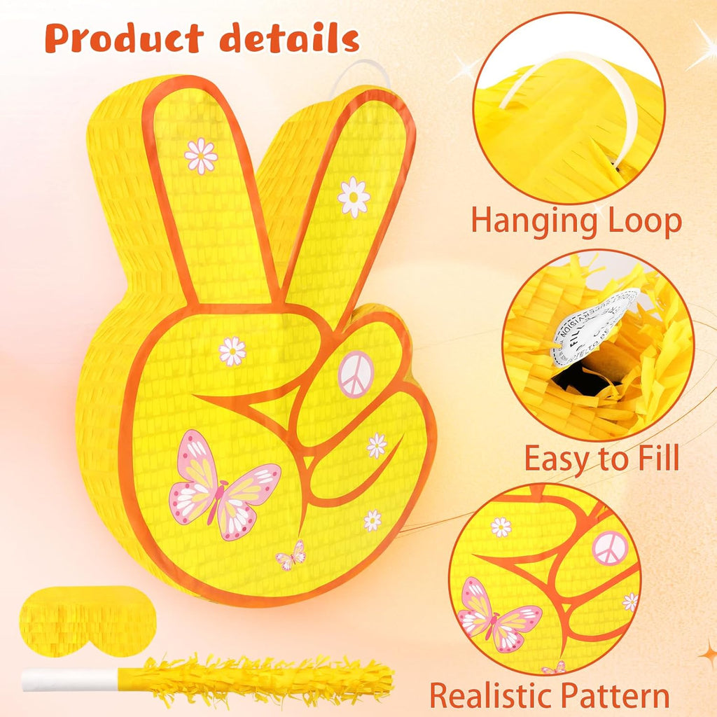 Hippie Pinata with Stick & Hanging Loop Daisy Flower Mexican Pinata Game for Young Wild and Three Party Decorations Girl Groovy Birthday Party Decorations Supplies