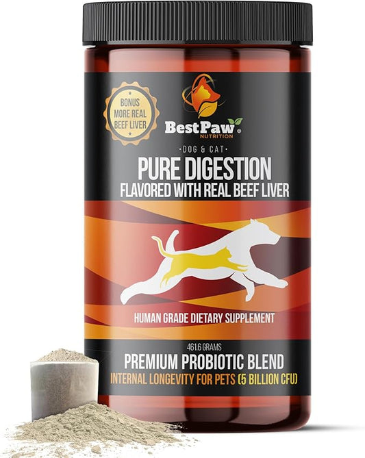 Dog & Cat Premium Probiotic Prebiotic & Digestive Enzymes 5 Billion CFU Organic Turmeric Coconut Oil Pure Pumpkin & Kelp for Healthy Bowels Gut & UTIs Beef Liver Flavor-PawvioPets