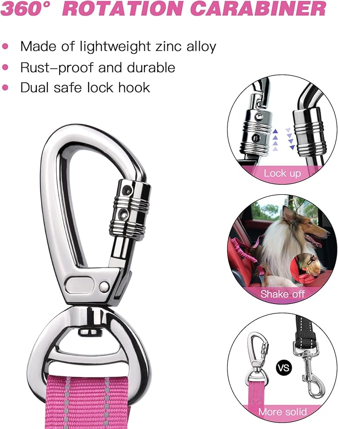AUBELL Dog Seat Belt for Car,Updated 3-in-1 Adjustable Reflective Bungee Heavy Duty Dog Car Harness Tether with Clip Hook Latch & Buckle,Swivel Zinc Alloy Carabiner,Hotpink-PawvioPets