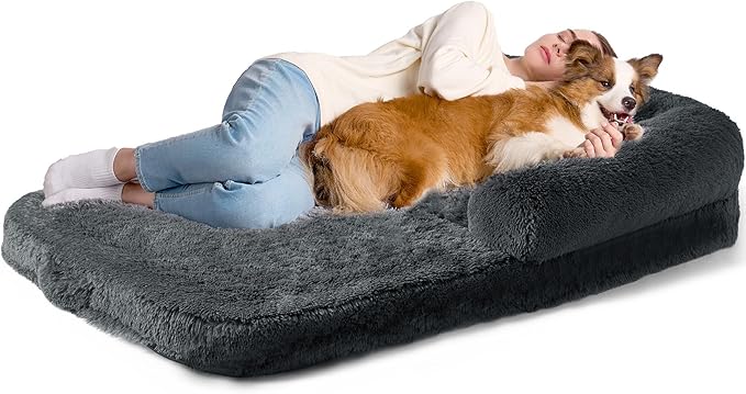 EHEYCIGA Human Dog Bed for Kids, Foldable XXL Dog Bed, Faux Fur Fluffy Pet Couch Bed, Orthopedic Calming Memory Foam Big Pet Bed, Washable Pet Sofa Bed with Non-Slip Bottom, Dark Grey, 54"x38"x7.5"-PawvioPets