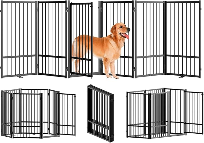 Full Metal Freestanding Dog Gate with Door, 32''Height Foldable Pet Dog Fence for Indoor & Outdoor, 6 Panels Extra Wide Free Standing TallDog Gates for Doorways,House,Stairs,Porch,Deck,Yard-PawvioPets