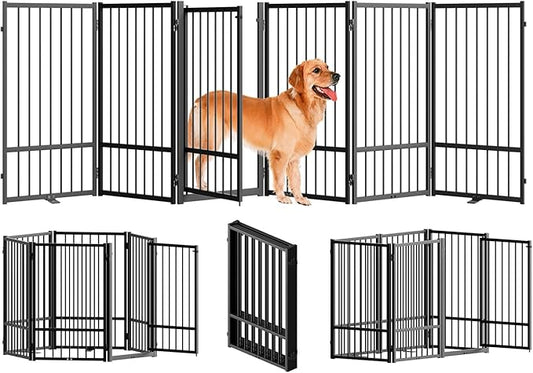 Full Metal Freestanding Dog Gate with Door, 32''Height Foldable Pet Dog Fence for Indoor & Outdoor, 6 Panels Extra Wide Free Standing TallDog Gates for Doorways,House,Stairs,Porch,Deck,Yard-PawvioPets