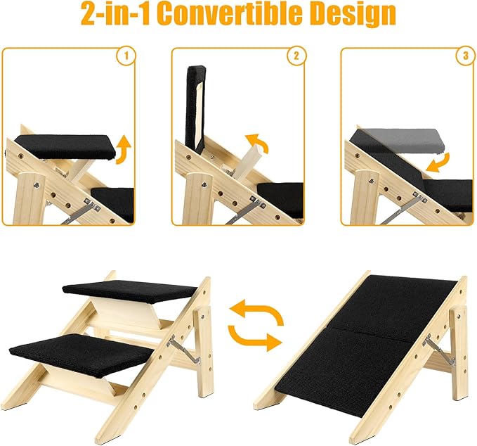 Foldable Dog Stairs/Ramp with 2 Steps - Durable Wooden Pet Stairs for Small, Medium, Large Dogs - Black (No Assembly Required)-PawvioPets