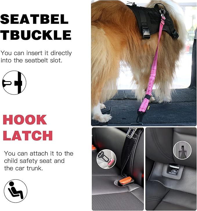 AUBELL Dog Seat Belt for Car,2 Pack Set 3-in-1 Adjustable Reflective Bungee Heavy Duty Dog Car Harness Tether with Clip Hook Latch & Buckle,Swivel Zinc Alloy Carabiner,Black+Hotpink-PawvioPets