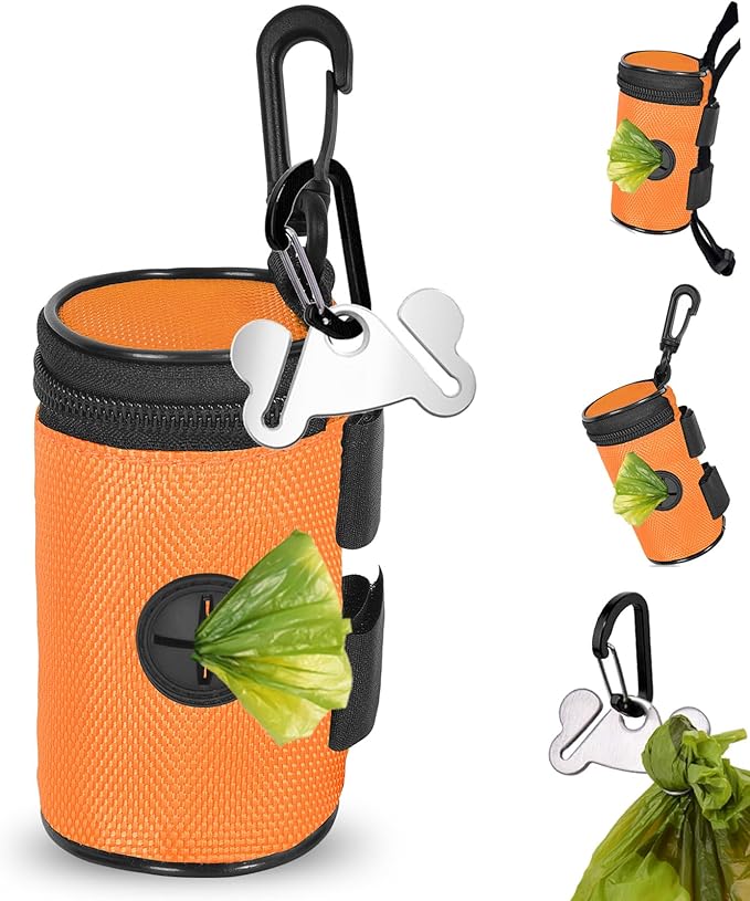 Dog Poop Bag Holder for Leash Attachment - Waste Bag Dispenser for Leash - Fits Any Dog Leash - Portable Set with Hand Free Holder Metal Carrier, Round Shape, Orange-PawvioPets