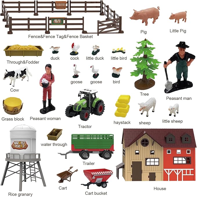 109PCS Farm Animals Toys Set Comes with Barn, Rice Storehouse, Rice Trolley, Milking shed, Farmer, Fence - Playset for Kids Toddlers Boys Girls 5+ Years Old-PawvioPets
