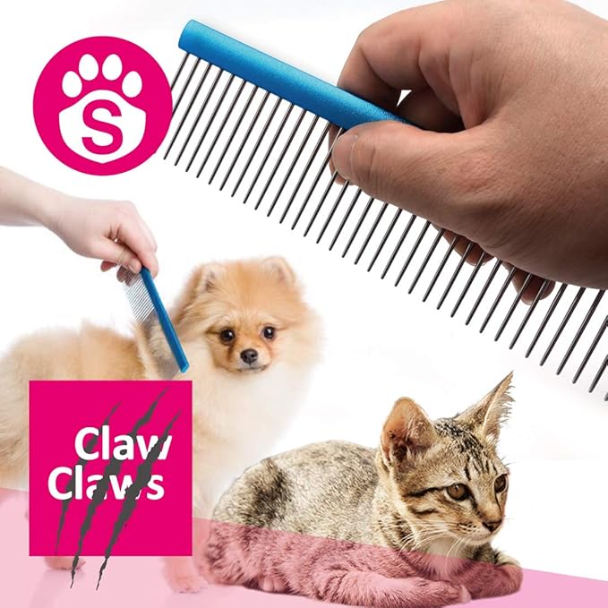 7.5" Greyhound Oval Grooming Comb – Blue Aluminum Spine, Stainless Steel Teeth Comb for Long-Haired Dogs & Cats, Removes Mats, Tangles, and Loose Fur – Lightweight for Long Time Deshedding-PawvioPets
