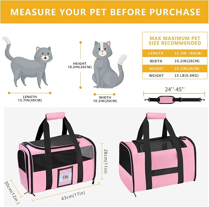 Cat Carriers Soft Side Carrier for Kitten Puppy Collapsible Travel Pet Carrier TSA Airline Approved Cat Carrier Bag for Under 15 lbs Pets, Pink-PawvioPets