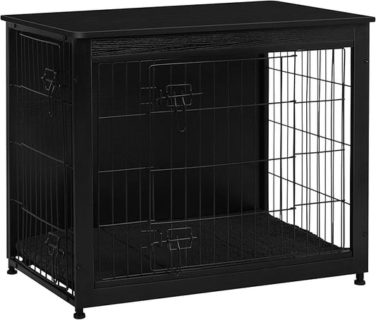 DWANTON Dog Crate Furniture with Cushion, Wooden Kennel Table with Double Doors, Indoor Dog House, Medium Size, 32.5" L, Black-PawvioPets