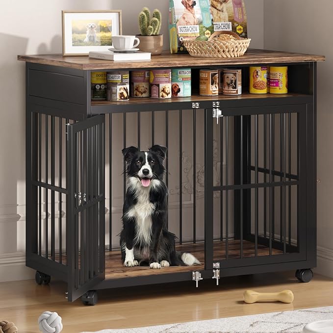 39.4" Dog Crate Furniture for Medium and Large Breed, Dog Kennel Furniture with Storage Shelf & Lockable Wheels, Heavy Duty Wooden End Side Table Pet Cage Indoor, Chew-Resistant, Brown-PawvioPets