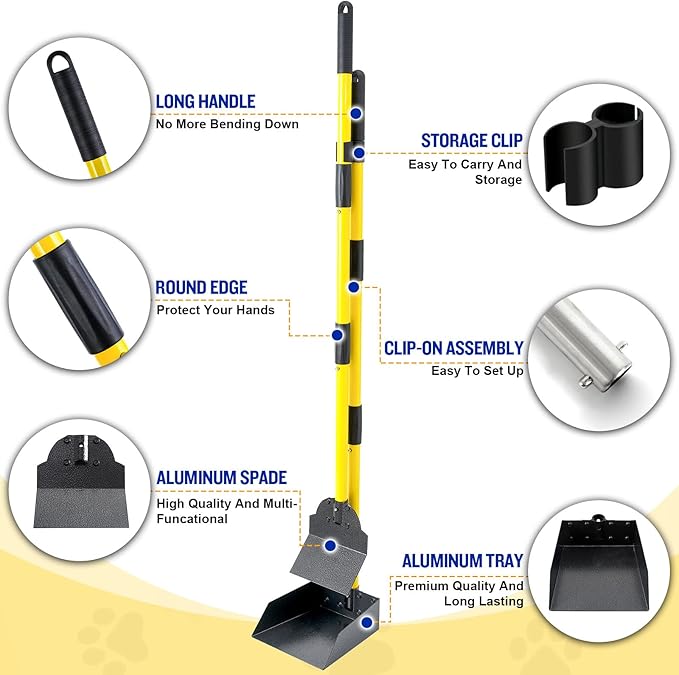 Dog Pooper Scooper,Tray and Spade Set Poop Scooper for Dogs, Adjustable Long Handle Metal Pooper Scooper with Bin for Pet Waste Removal, No Bending Clean Up for Medium and Large Dogs-PawvioPets