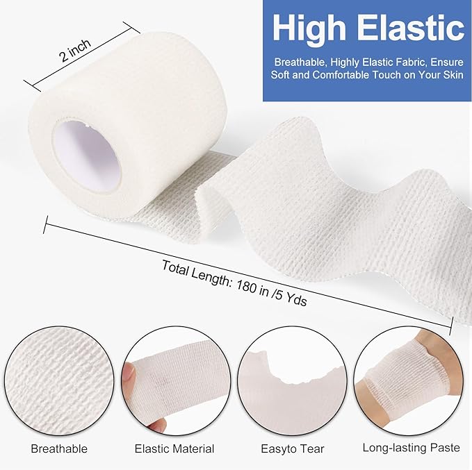 24 Pack White Self Adhesive Bandage, 2” x 5 Yards Medical Wrap, Cohesive Bandage Wrap, White Tape Baseball, Self Stick Bandage Tpae, First Aid Gauze for Ankle, Leg, Arm-PawvioPets