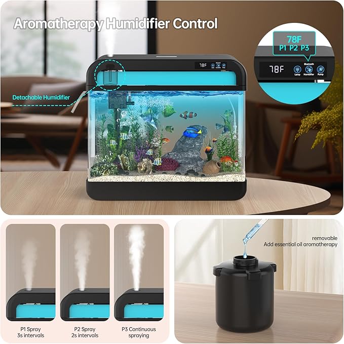 Fish Tank Aquarium 6.3 Gallon Fish Bowl with Music Humidifier 7 Color Auto-Looping Light Adjustable Quiet Pump, Temperature Display, Bottom Water Changer, HD Float Glass, Leak-Proof Thickened Base-PawvioPets