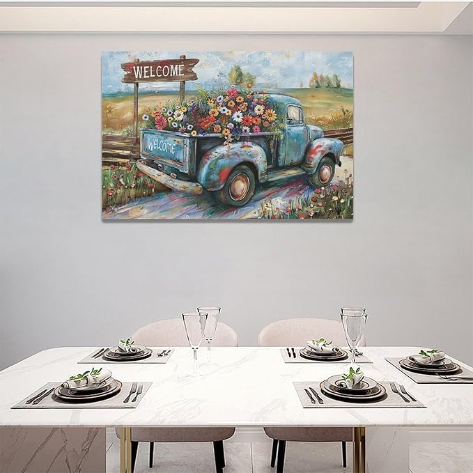 Farmhouse Truck Wall Art Rustic Country Wildflowers Wall Decor Road Flowers Landscape Pictures Canvas Print Painting Artwork for Bathroom Living Room Bedroom 16"x24"-PawvioPets