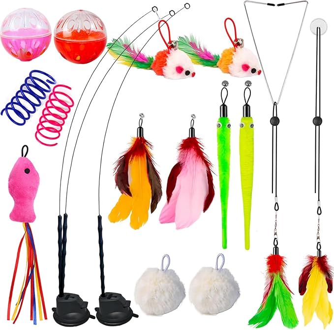 22Pcs 5-in-1 Cat Toys Interactive Cat Toy for Indoor Cats with Sticky Super Suction Cup Detachable Replacements Feathers Balls Mice Spring 3 Wand Hanging Door Kitten Toys-PawvioPets