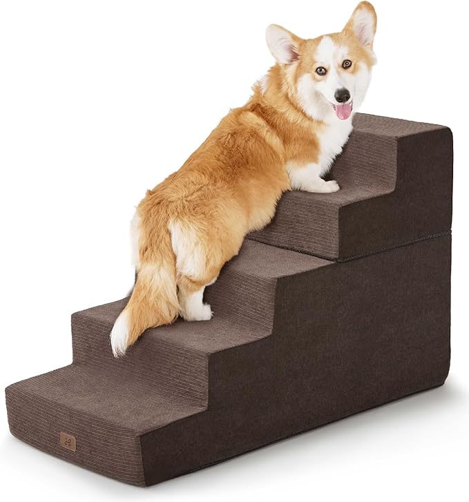 Dog Stairs for High Bed, Dog Steps for Bed Couch Sofa, 35D Foam Pet Steps for Small Dogs and Cats, Extra Wide Pet Stairs with Non-Slip Bottom Brown, 5 Steps-PawvioPets