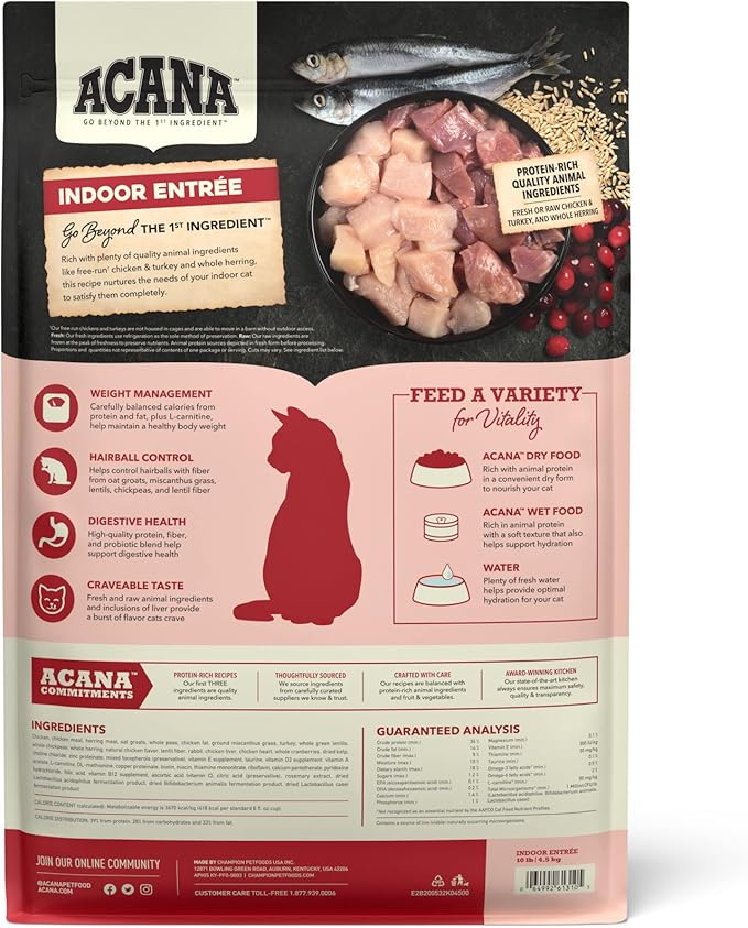 ACANA Dry Cat Food for Indoor Cats Indoor Entrée Chicken Turkey Whole Herring and Rabbit 10lb Bag-PawvioPets