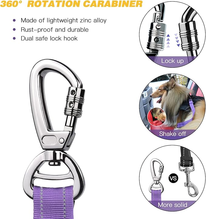 AUBELL Dog Seat Belt for Car,2 Pack Set 3-in-1 Adjustable Reflective Bungee Heavy Duty Dog Car Harness Tether with Clip Hook Latch & Buckle,Swivel Zinc Alloy Carabiner,Black+Purple-PawvioPets