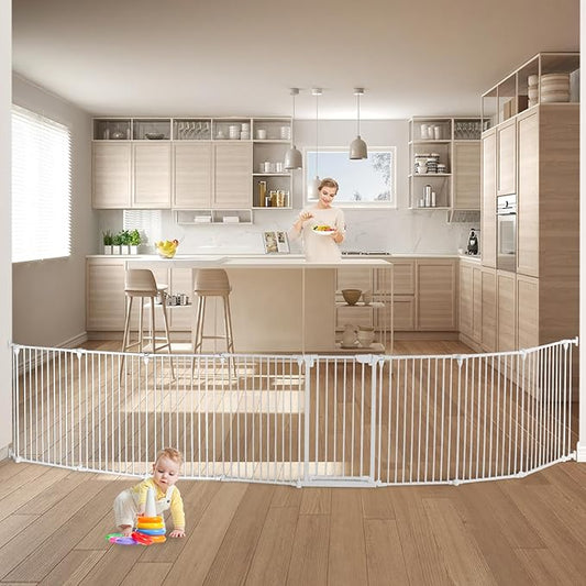 Extra Wide Baby Gate, 30" Tall 189" Wide Configurable Baby Gate Fireplace Safety Fence, Metal Pet Safety Playpen for Toddler/Pet/Dog Christmas Tree Fence (Whtie, 8-Panel)-PawvioPets