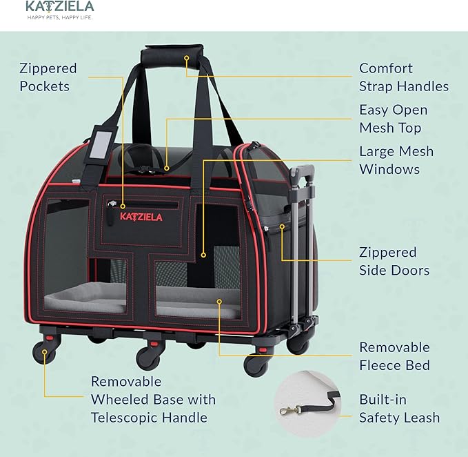 Airline Compliant Pet Carrier - Rolling Portable Travel Carry Crate for Small Dog Puppy or Cat - Soft Removable Wheeled Design with Mesh Window Sides - Airplane and TSA Compliant- by Katziela-PawvioPets