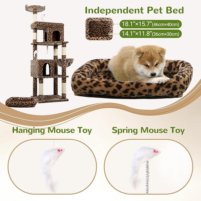 Globlazer Heavy Duty Cat Trees for Large Cats, Sturdy 72in Maine Coon Cat Tree for Large Cat 20 lbs+ Heavy Duty Cat Tower for Adult Biggest Cats with 6 Scratching Posts, Hammock, S72, Leopard Print-PawvioPets