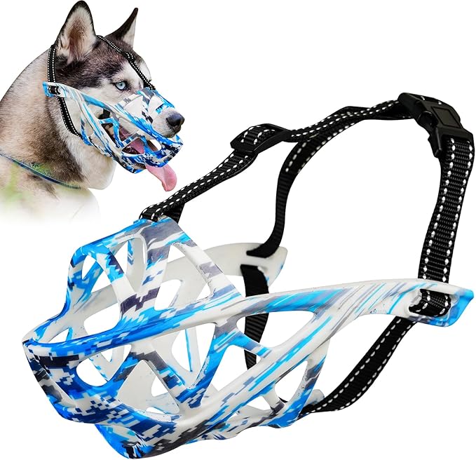 Dog Muzzle for Large Dogs, Breathable Basket Muzzles for Small, Medium and X-Large Aggressive Dog, Allows Panting Drinking, Suitable for Grooming Trimming Training (Camouflage Blue, M)-PawvioPets